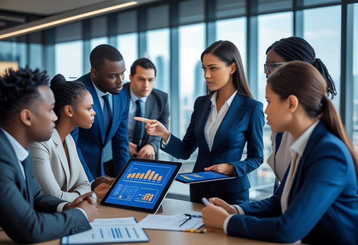 A group of professionals in suits gathers around a conference table, discussing data on tablets showing colorful charts about betting sites and affordability checks. Large windows reveal a cityscape in the background. - Betting Online A group of professionals in an office discussing financial data on a digital tablet with a cityscape visible through large windows.