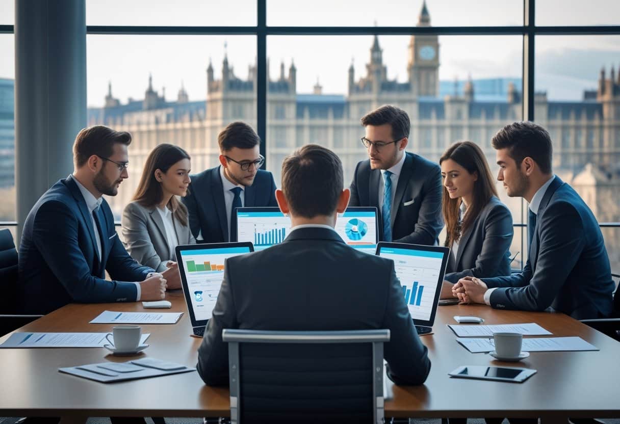 A group of business professionals in suits sit around a conference table with laptops and charts in a modern office, discussing data on betting sites, with large windows showing a cityscape featuring a famous clock tower. - Betting Online A group of professionals in an office reviewing financial documents and digital data during a meeting about gambling affordability checks.
