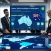 Five professionals in business attire discuss data on digital screens showing maps of Australia and the globe, highlighting information about a national self-exclusion registry to help combat gambling addiction linked to online betting.