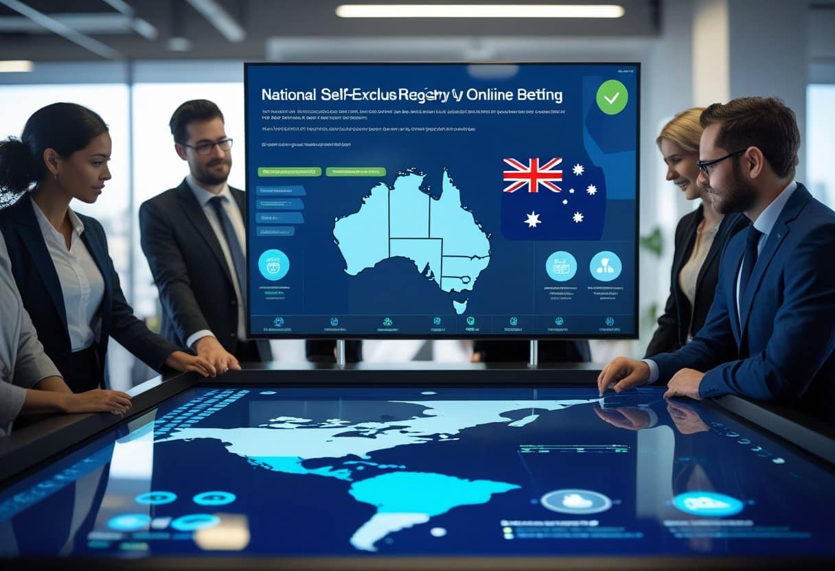 Five professionals in business attire discuss data on digital screens showing maps of Australia and the globe, highlighting information about a national self-exclusion registry to help combat gambling addiction linked to online betting. - Betting Online A group of professionals in an office collaborating around a digital touchscreen table displaying a map of Australia with online betting and security icons.