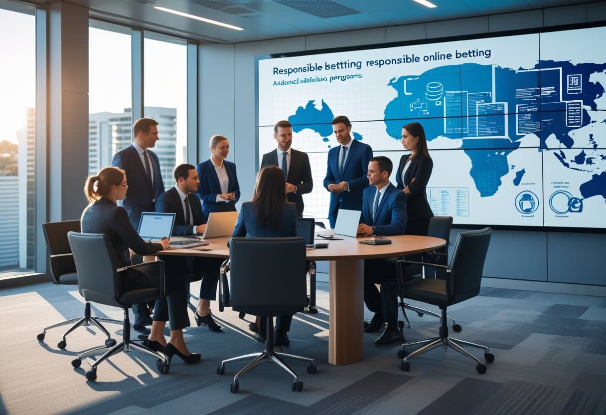 A group of professionals in a government office meeting around a table with laptops and digital screens showing data related to online betting regulation.