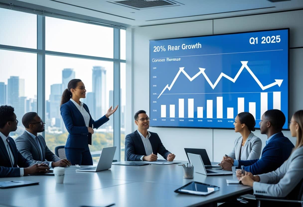 A businesswoman presents a sales growth chart labeled 20% Year Revenue Growth Q1 2025 to colleagues during a meeting in a modern conference room with large windows and a city skyline view. - Betting Online A group of business professionals in a meeting room with a woman presenting financial growth charts on a large screen.