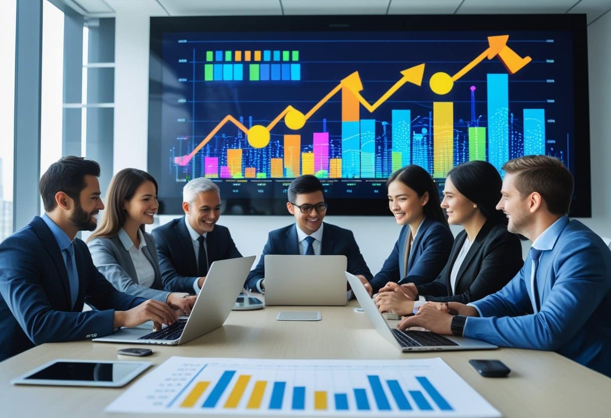 Seven business professionals sit at a conference table with laptops, discussing work. A large screen behind them displays colorful bar graphs and upward trends in revenue growth. A paper with graphs lies on the table. - Betting Online Business professionals in a meeting room reviewing financial charts and data on laptops and screens indicating revenue growth.