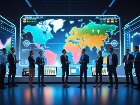 A group of business professionals in suits stand and talk in front of large digital screens displaying world maps, charts, and data on global gambling growth drivers in a high-tech conference room.
