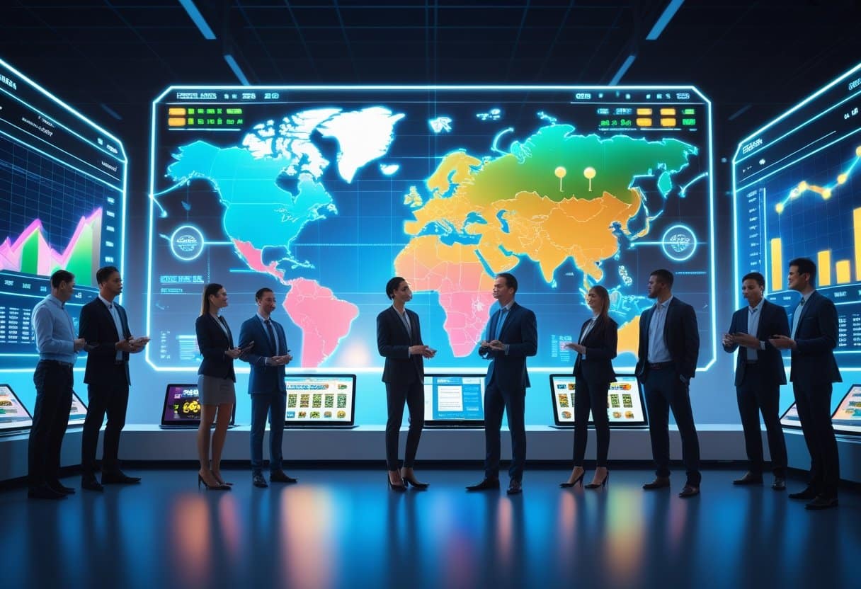 Business professionals analyzing global market data on digital screens with a world map highlighting different regions.