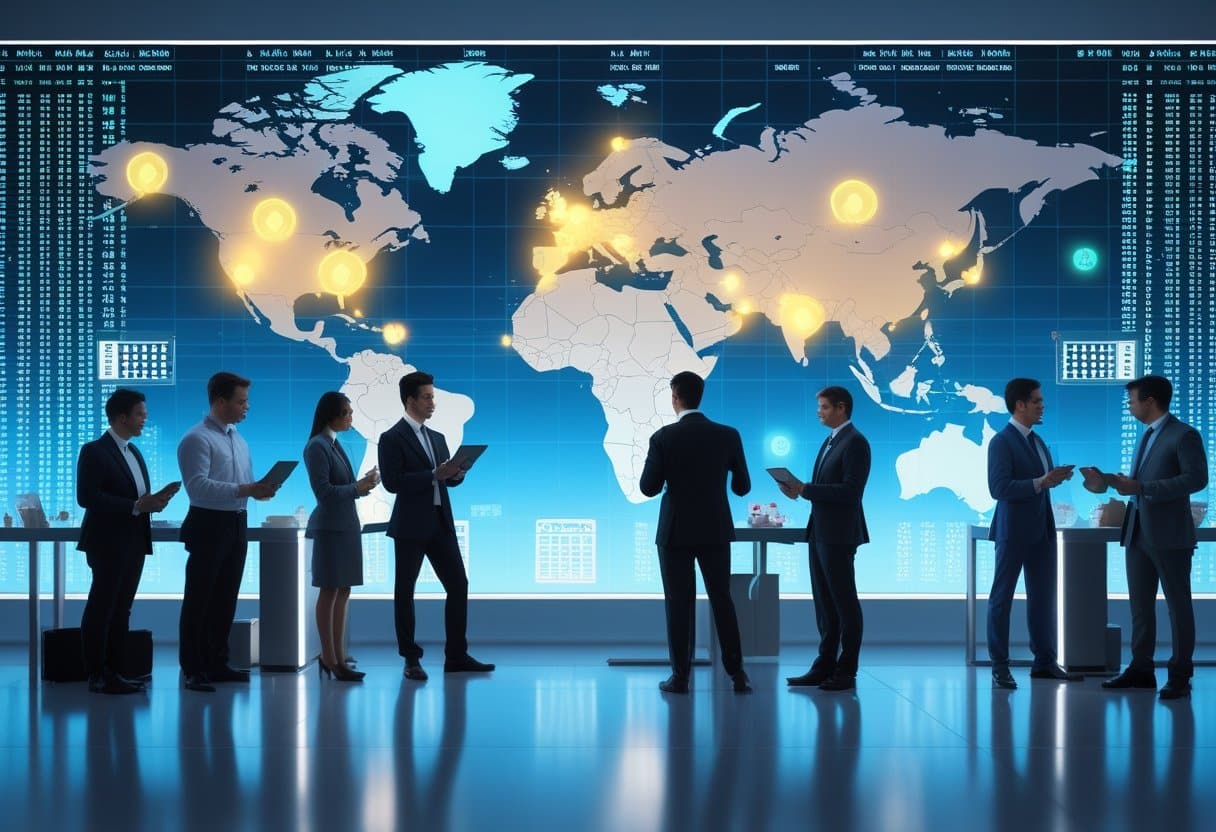 Business professionals analyzing a digital world map with glowing data points representing global online gambling market activity in a modern office.