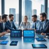 A group of business professionals sits around a conference table with tablets displaying industry growth graphs and charts, discussing data in a modern office with large windows and a cityscape view.