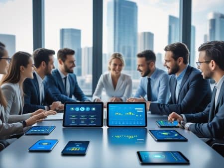 A group of business professionals sits around a conference table with tablets displaying industry growth graphs and charts, discussing data in a modern office with large windows and a cityscape view.