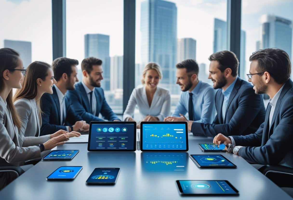 A group of business professionals sits around a conference table with tablets displaying industry growth graphs and charts, discussing data in a modern office with large windows and a cityscape view. - Betting Online Business professionals in a modern office using smartphones and tablets to analyze betting platform data during a meeting.