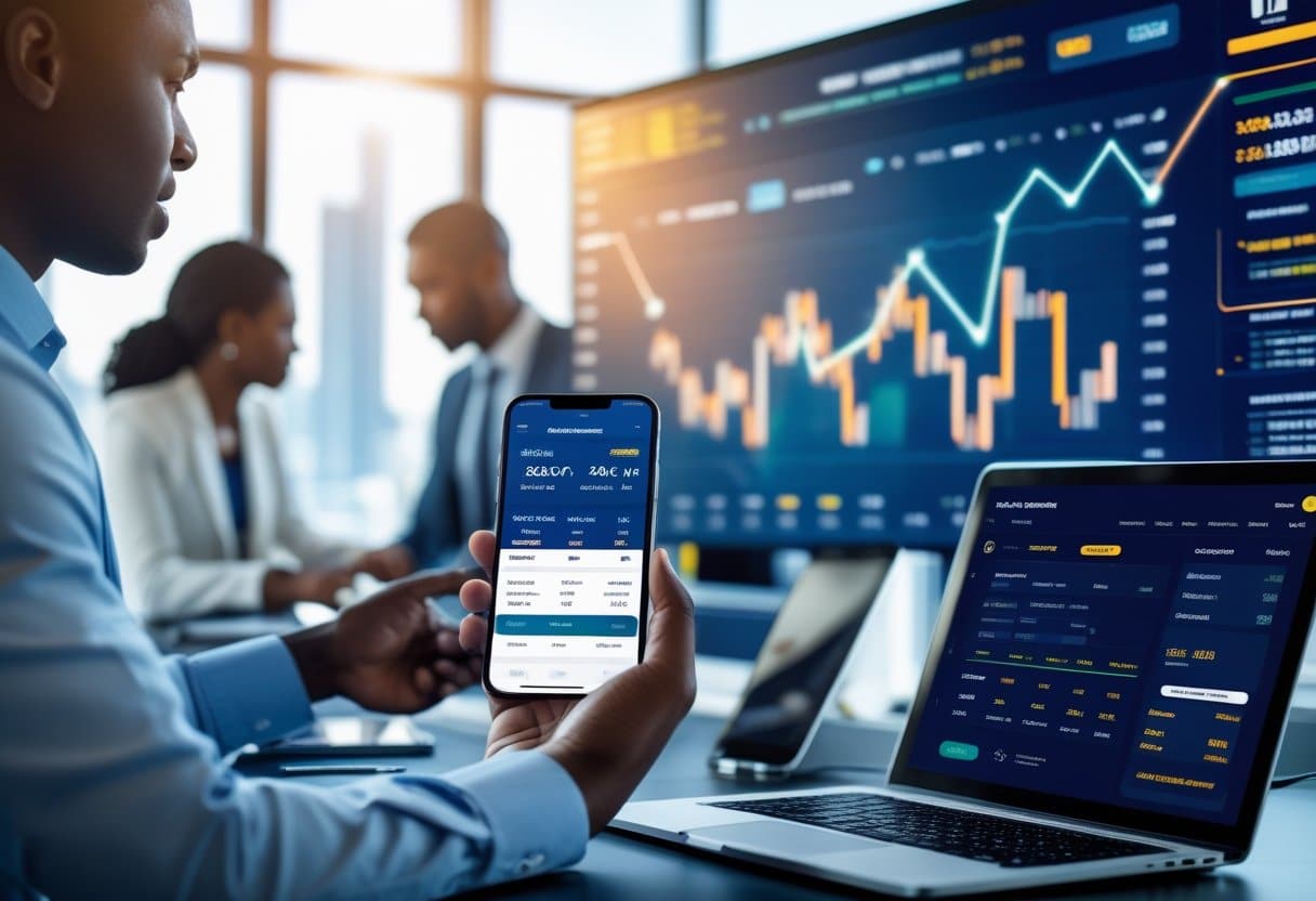 People in an office analyzing betting data on digital screens and a person holding a smartphone with a live betting app.