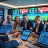 A group of business professionals in formal attire sit around a table with laptops and smartphones displaying live sports wagering screens, in a modern office featuring large digital sports boards in the background.