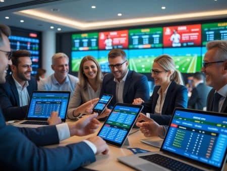 A group of business professionals in formal attire sit around a table with laptops and smartphones displaying live sports wagering screens, in a modern office featuring large digital sports boards in the background.
