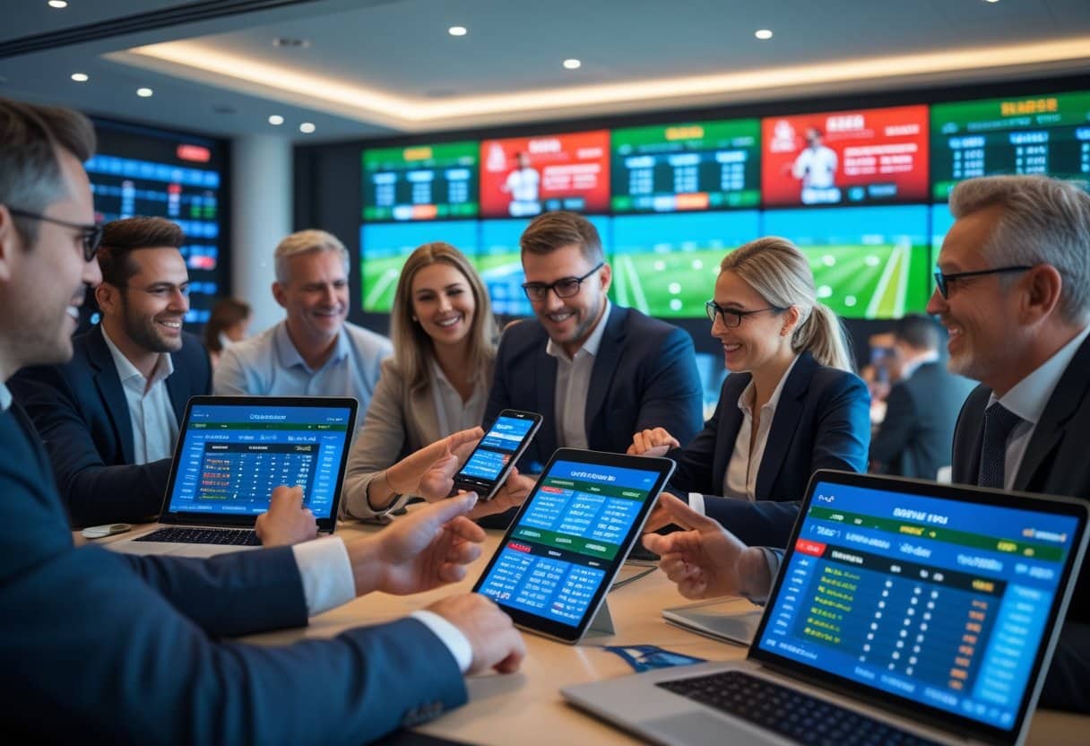 A group of people using digital devices to place live sports bets while watching live sports on large screens in a modern office setting.