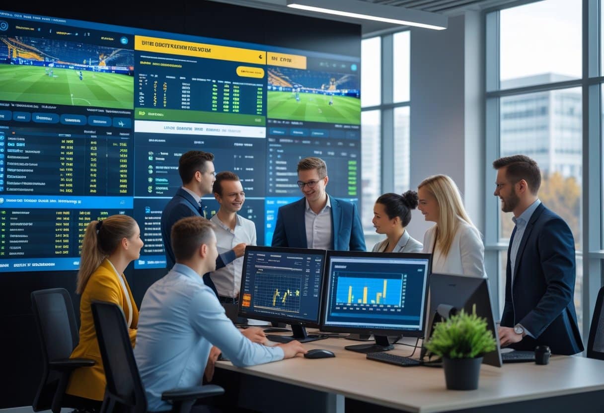 A group of professionals working together in an office with large screens showing live sports and betting data.