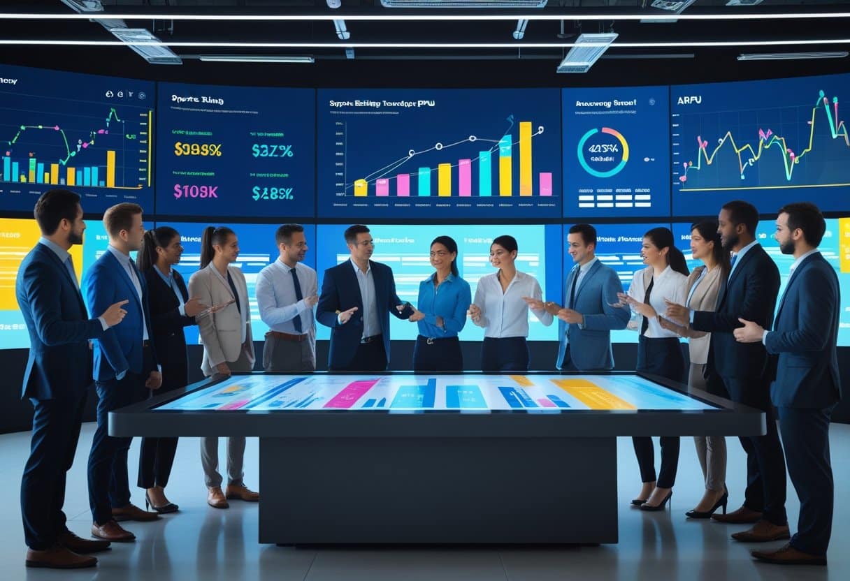 A group of professionals gathered around a large digital table, discussing Customer Value and 2025 Trends shown on screens. Multiple colorful graphs and financial metrics appear on large monitors in the high-tech meeting room. - Betting Online A group of business professionals analyzing sports betting data on digital screens in a modern office setting.