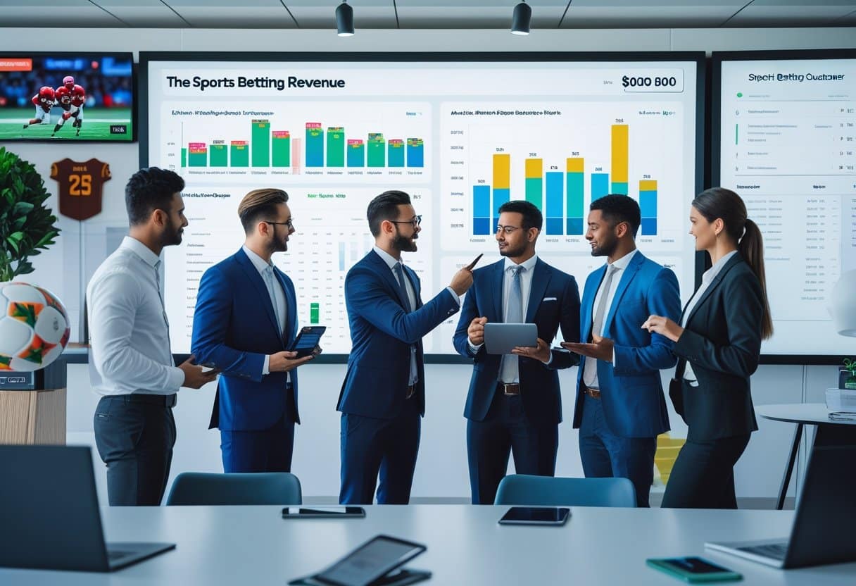 Six professionals in suits discuss sports betting revenue data and ARPU trends displayed on large screens with colorful charts and graphs in a modern office, with sports memorabilia visible in the background. - Betting Online A group of professionals analyzing colorful financial charts on a large touchscreen in a modern office with sports memorabilia and a live sports event on a TV in the background.