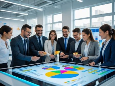 A group of business professionals in formal attire gather around a large interactive digital screen displaying colorful pie charts and graphs on Betting Analytics in a modern office setting.