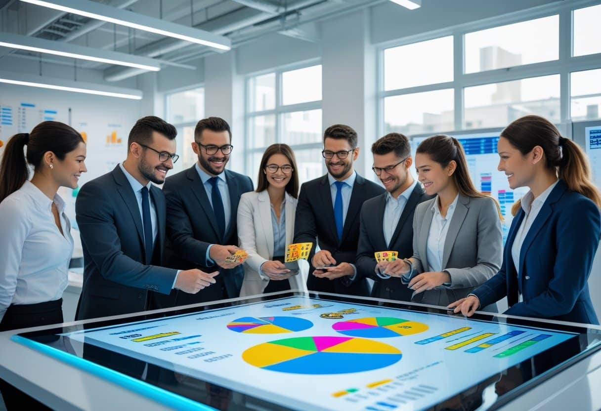 A group of business professionals in formal attire gather around a large interactive digital screen displaying colorful pie charts and graphs on Betting Analytics in a modern office setting. - Betting Online Business professionals analyzing colorful charts and graphs on a digital touchscreen table in a modern office setting.