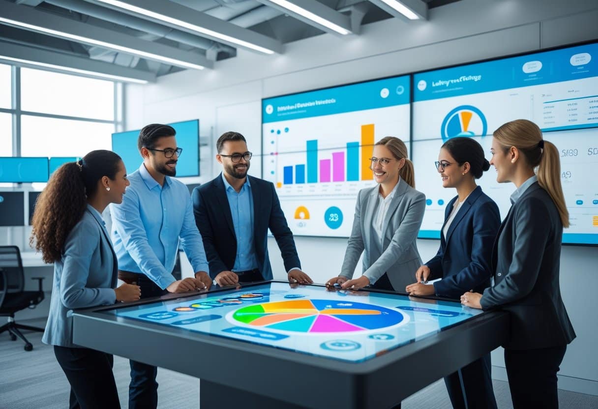 A group of business professionals stands around a large interactive touchscreen table displaying colorful charts and graphs, showcasing digital lottery solutions and analytics on screens in the modern office background. - Betting Online A group of business professionals collaborating around a digital touchscreen table displaying colorful charts and data in a modern office.