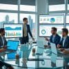 Six business professionals in suits meet in a modern office with city views, using laptops as they discuss 2025 betting industry forecasts and regulatory changes shown on large screens with colorful graphs and charts.