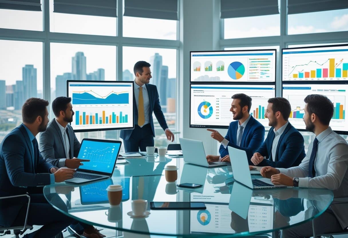 Six business professionals in suits meet in a modern office with city views, using laptops as they discuss 2025 betting industry forecasts and regulatory changes shown on large screens with colorful graphs and charts. - Betting Online A group of business professionals in a bright office meeting room reviewing charts and data on screens during a discussion.