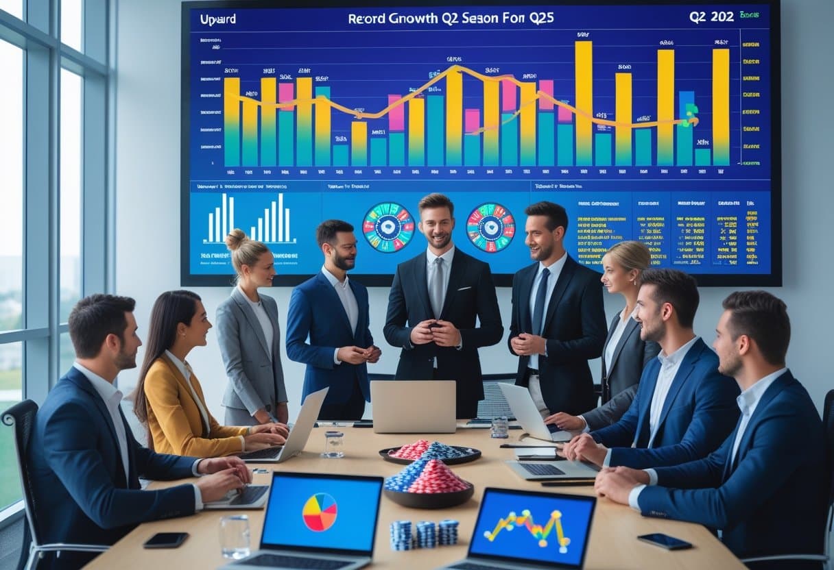 Business professionals in a modern office reviewing financial charts and graphs around a conference table.