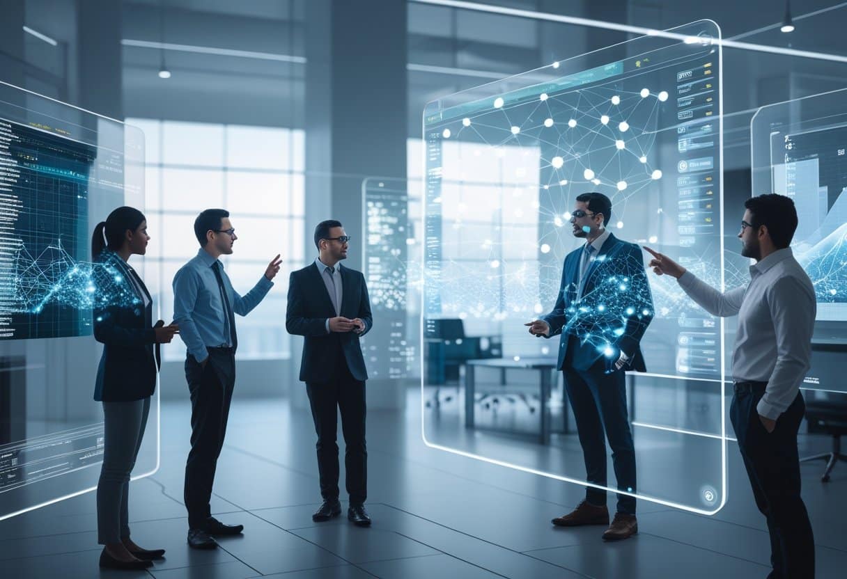 A group of professionals analyzing digital data and charts on transparent screens in a modern office environment.