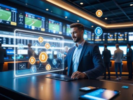 A man in a suit uses a futuristic digital interface showing cryptocurrency symbols and blockchain payment solutions in a modern sports betting venue, with large screens displaying live sports and odds in the background.