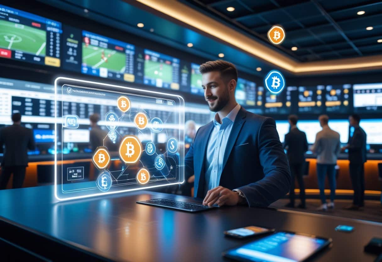 A man in a suit uses a futuristic digital interface showing cryptocurrency symbols and blockchain payment solutions in a modern sports betting venue, with large screens displaying live sports and odds in the background. - Betting Online A business professional using a digital interface with blockchain and cryptocurrency icons in a sportsbook with live sports screens and people placing bets.