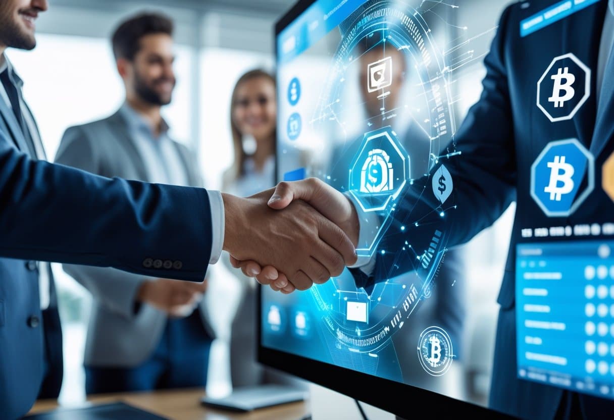 Business professionals discussing blockchain payment solutions with digital blockchain graphics and sportsbook elements in an office setting.