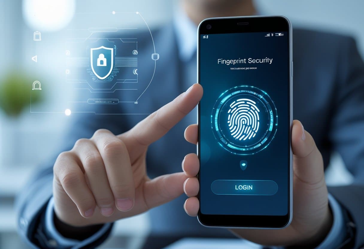 v2-uocoo-euexf - Betting Online A person holding a smartphone showing a fingerprint login screen with one hand about to touch the sensor.
