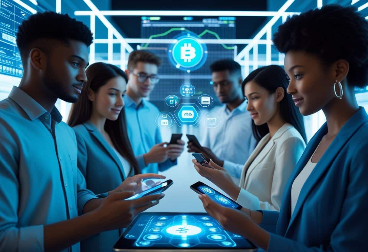 v2-uod4d-72uno - Betting Online A group of diverse young adults using smartphones and tablets with digital payment icons and holographic charts in a modern tech environment.