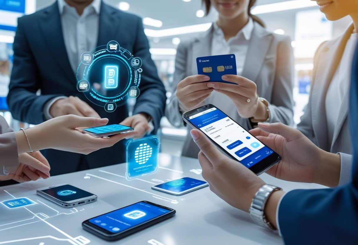 People using smartphones and contactless cards to make digital payments in a modern retail setting.