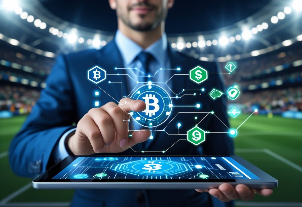 v2-uodbd-remqb - Betting Online A person holding a transparent touchscreen displaying digital icons representing smart contracts and automated payouts, with a blurred sports stadium in the background.