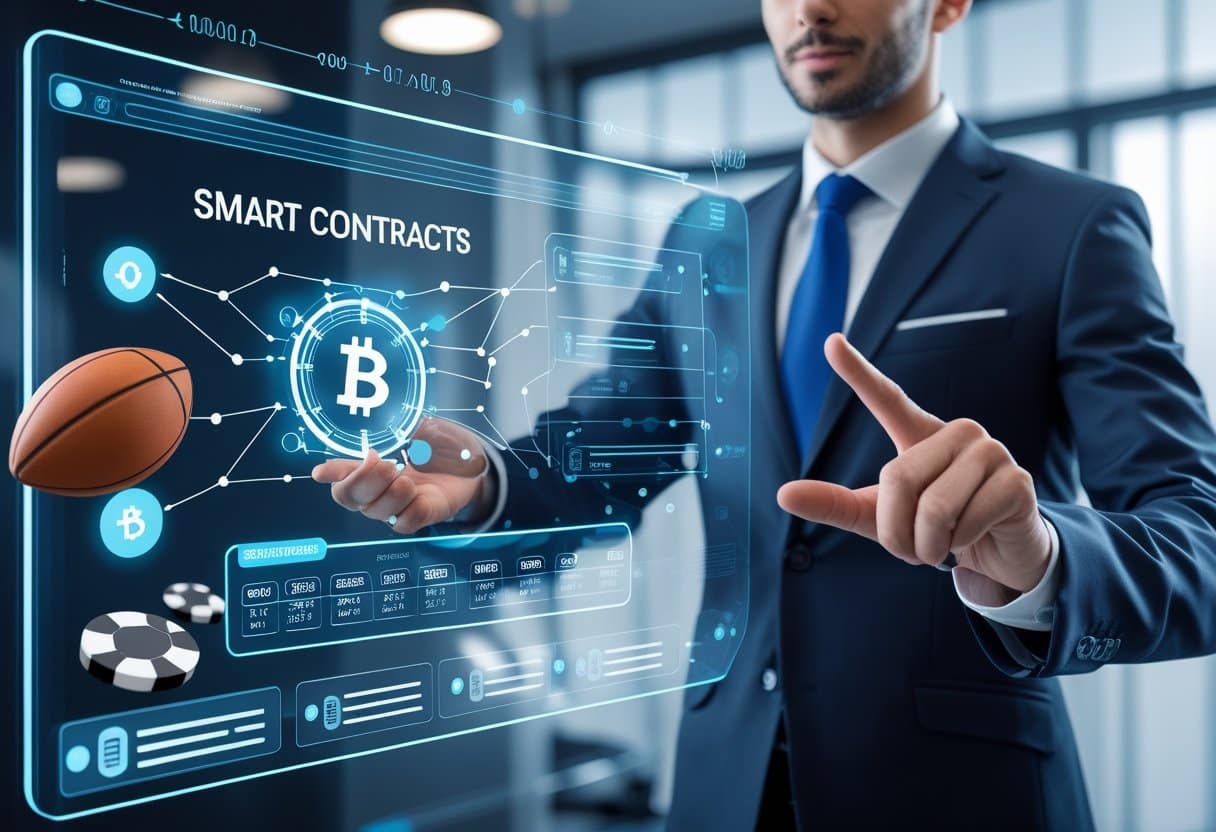 A business professional interacting with a digital interface showing blockchain nodes and sports betting icons in a modern office.