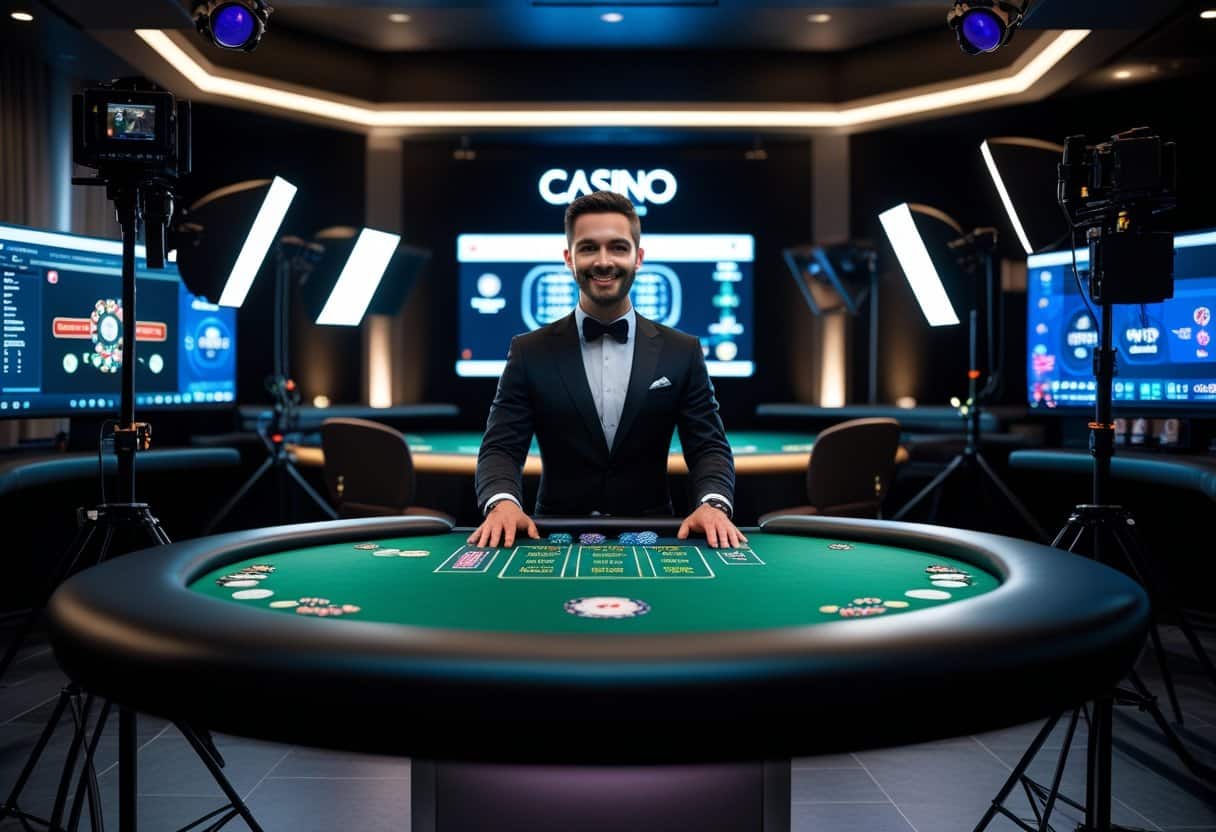 v2-uodiz-ohtd9 - Betting Online A dealer at a casino table surrounded by cameras and monitors in a live streaming studio.