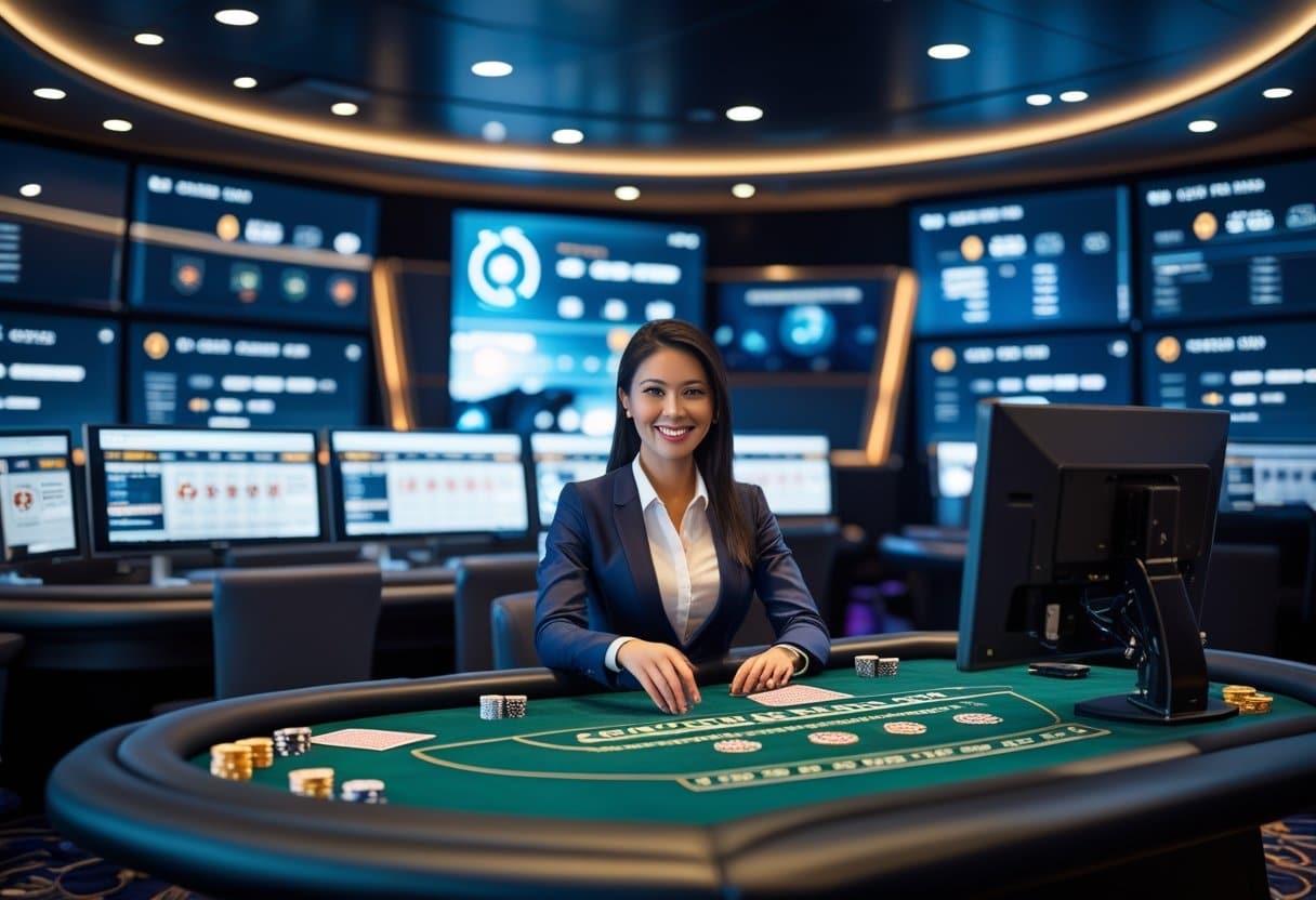 A live dealer at a casino table surrounded by cameras and monitors displaying online casino games.