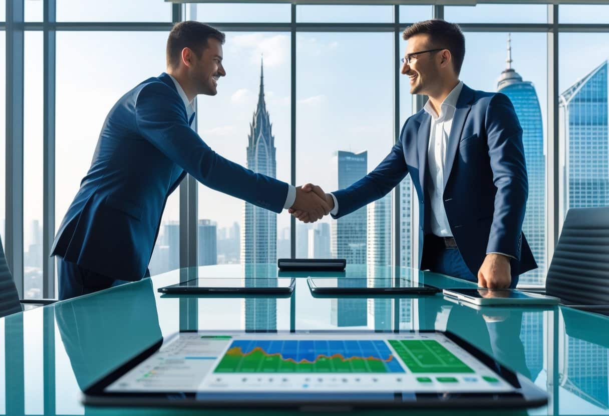 v2-uodoc-tkolj - Betting Online Two business professionals shaking hands across a conference table with city skyline visible through large windows.
