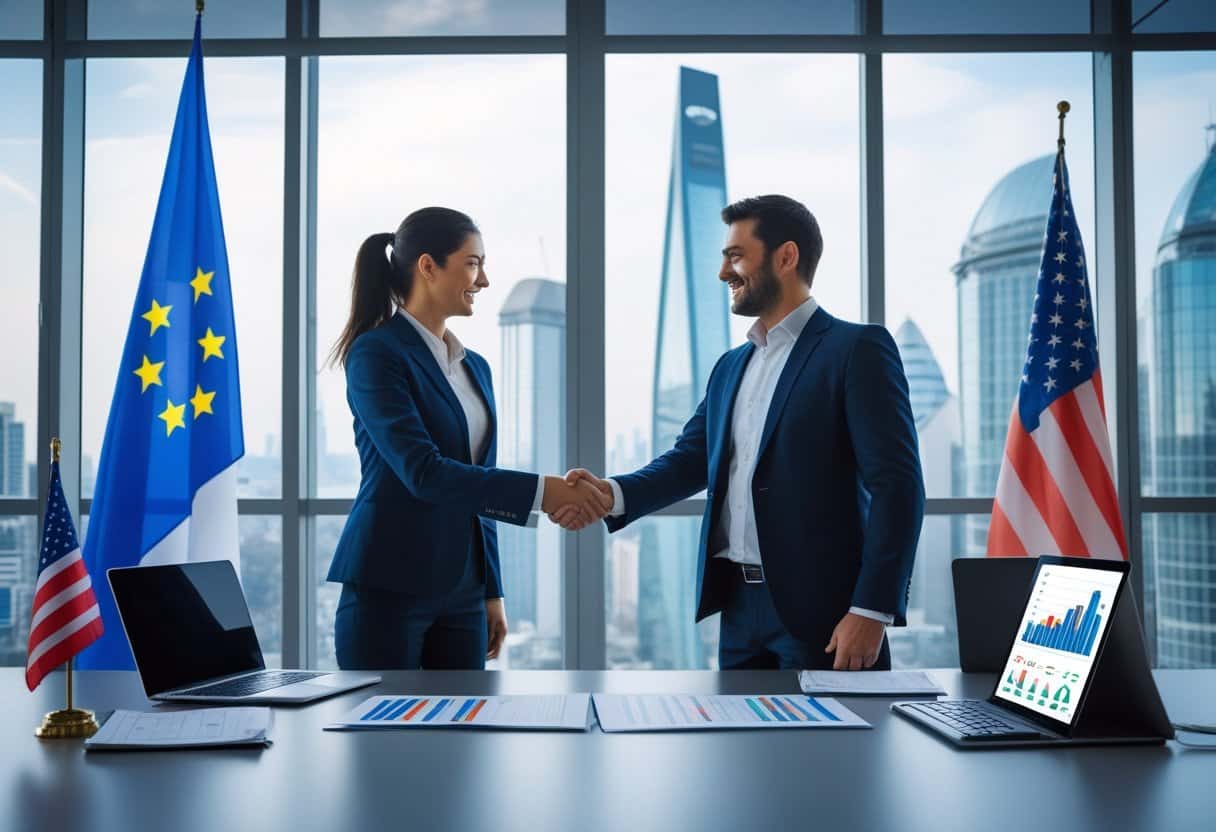 v2-uodp0-5kbhr - Betting Online Two business professionals shaking hands across a conference table in a modern office with city skyline views, symbolizing an international business agreement.