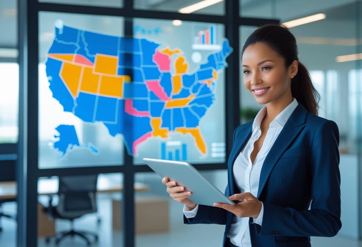 v2-uodwg-98w7c - Betting Online A businesswoman reviews a tablet in a modern office with a digital map of the United States highlighting three states behind her.