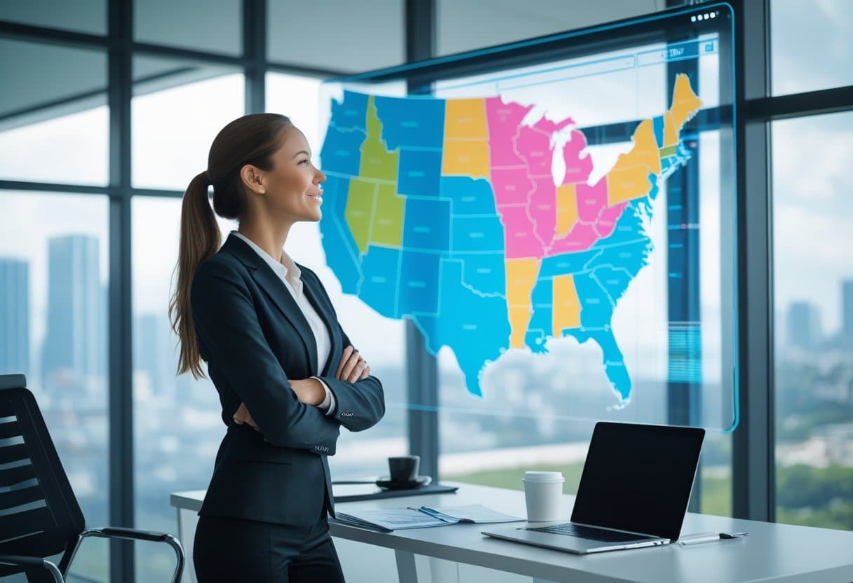 v2-uodwv-6qz0v - Betting Online A businesswoman in a modern office looking at a digital map of the United States highlighting three states.