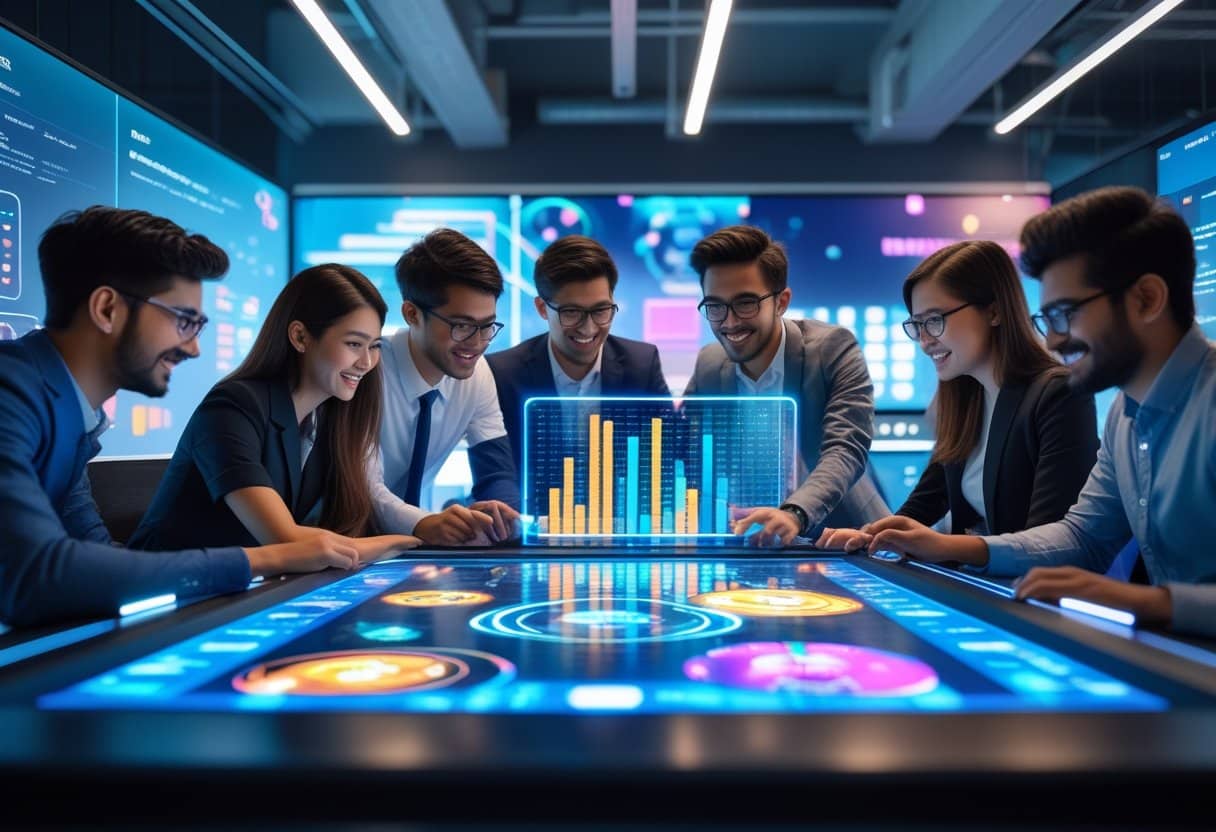 v2-uoe2g-5ygeo - Betting Online A group of young professionals working together around a digital touchscreen table displaying gaming graphics and data in a modern office.