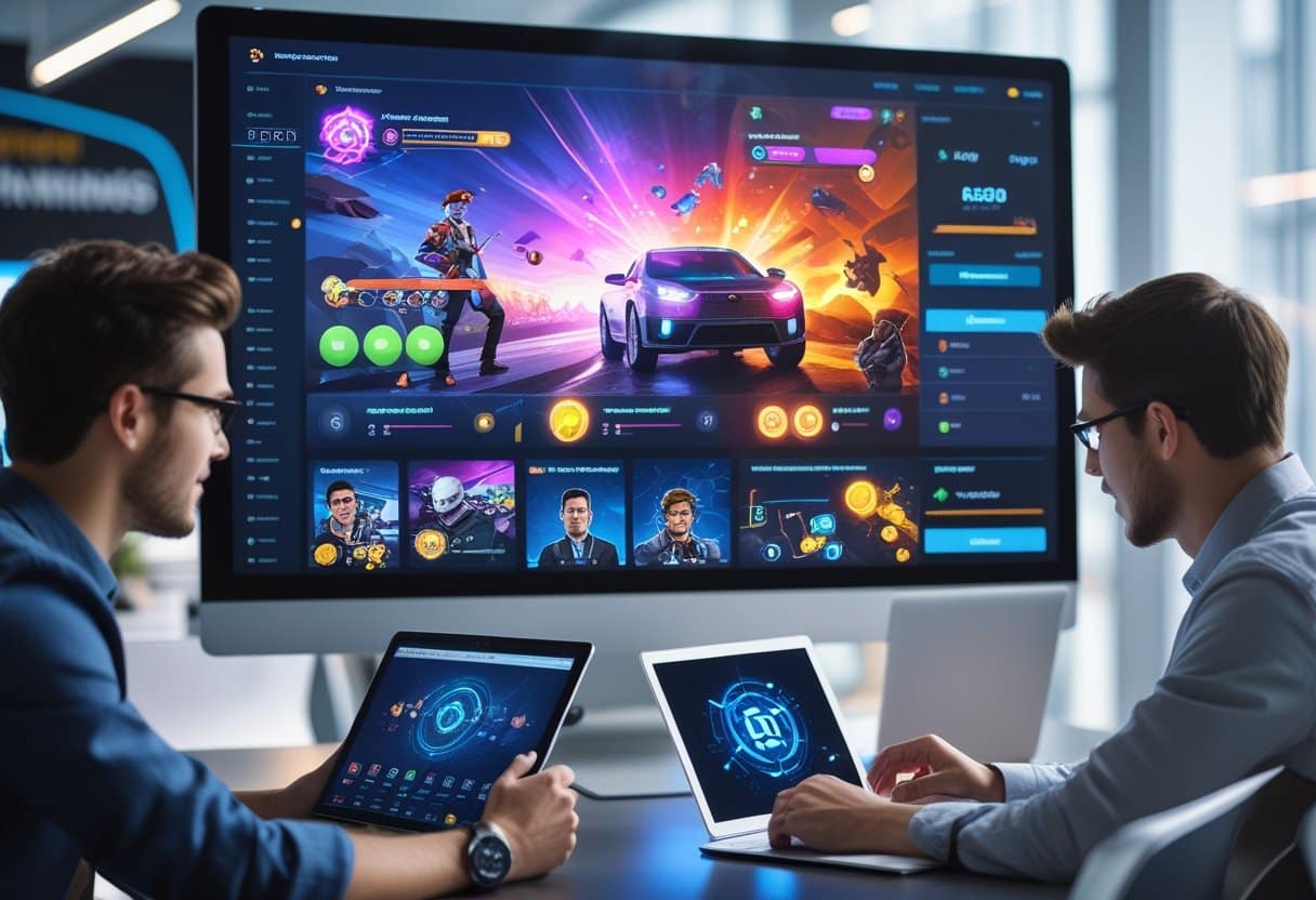 A group of young professionals using laptops and tablets around a desk, focused on a large computer screen displaying a digital gaming platform interface.