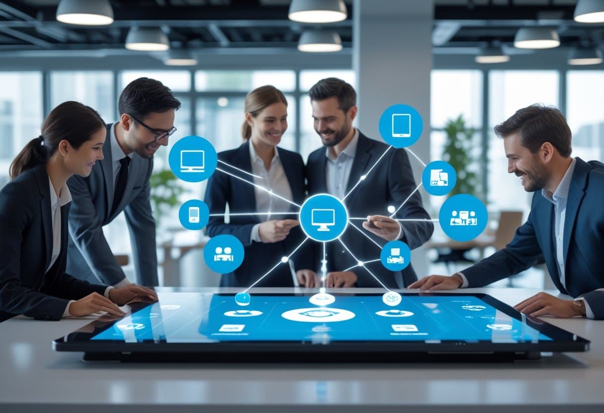 A group of professionals collaborating around a digital touchscreen table showing interconnected icons of mobile devices, computers, and tablets representing a loyalty program integration.