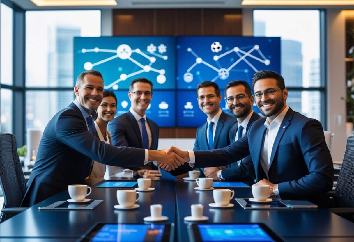 v2-uoeg0-3ik2o - Betting Online Business professionals from two companies shaking hands across a conference table in a modern office, symbolizing a partnership.