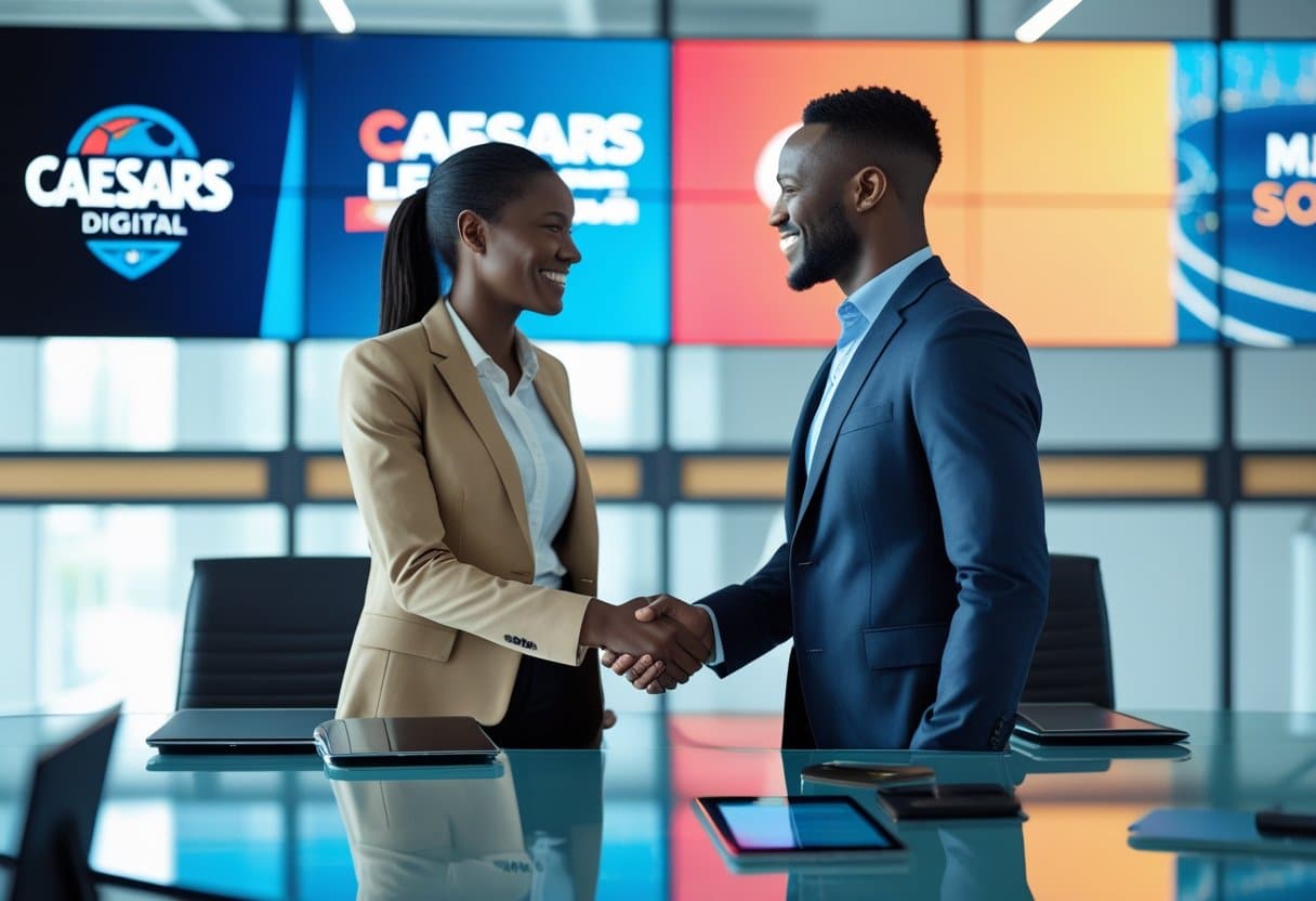 Two business professionals shaking hands in a modern office with digital screens showing soccer imagery in the background.