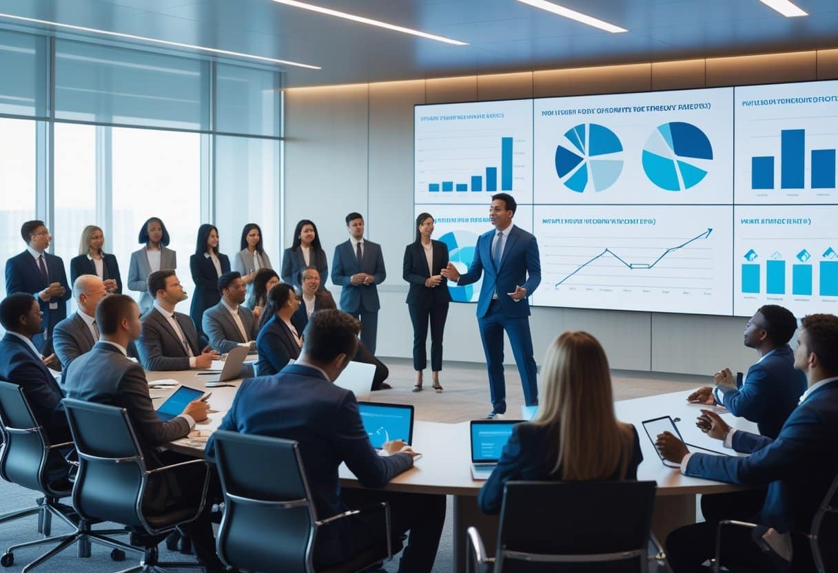 v2-uoen6-ccokn - Betting Online A business presenter speaks to a diverse group of professionals in a modern conference room during a corporate meeting.