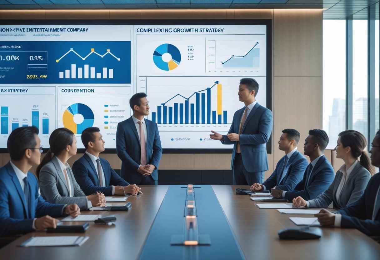 v2-uoeno-mz49p - Betting Online Business professionals attending a corporate presentation in a modern conference room with a presenter and digital charts.