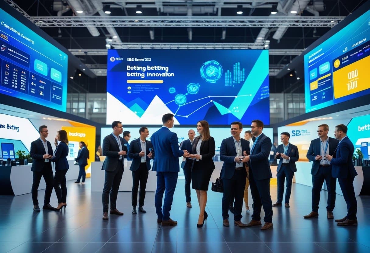 v2-uof3l-ij28e - Betting Online Business professionals networking at a modern conference with digital screens showing betting technology graphics in the background.
