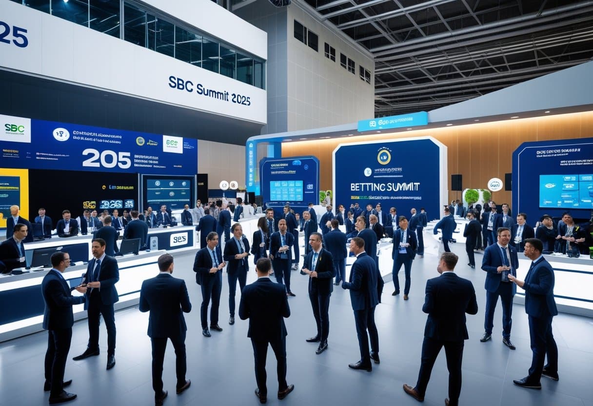 A group of business professionals networking and exploring technology exhibits at a busy conference event.